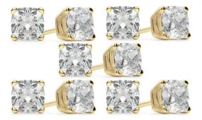 14k Yellow Gold 4mm 2Ct Cushion Cut White Sapphire Set Of Five Stud Earrings Plated