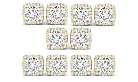 14k Yellow Gold 6mm 4Ct Cushion Cut White Sapphire Set Of Five Halo Stud Earrings Plated