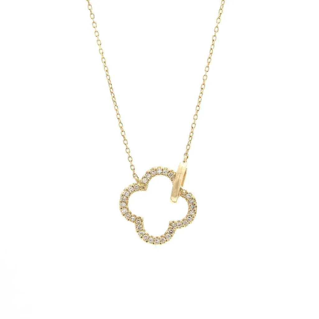 14K Yellow Gold Clover Single Micro Pave Diamond Necklace