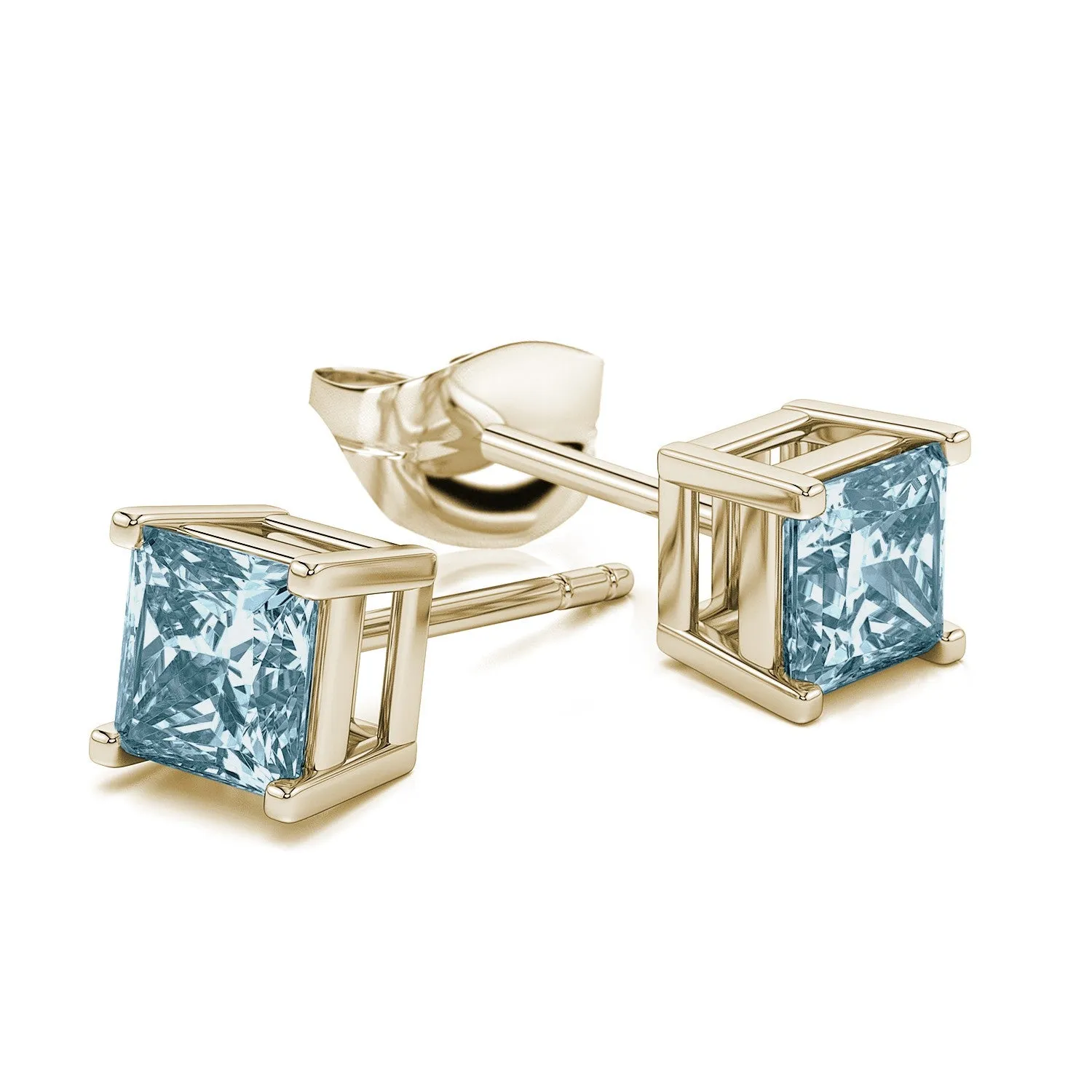 14k Yellow Gold Plated 1 Carat Princess Cut Created Aquamarine Sapphire Stud Earrings