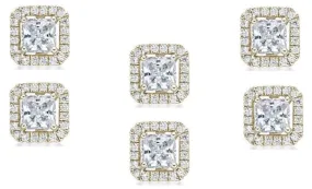 14k Yellow Gold Plated 2Ct Princess Cut White Sapphire Set of Three Halo Stud Earrings