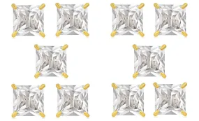 14k Yellow Gold Plated 4mm 1Ct Square Cut White Sapphire Set Of Five Stud Earrings