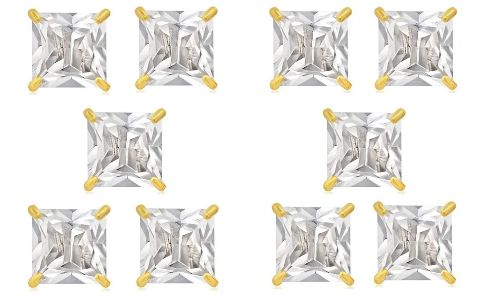 14k Yellow Gold Plated 4mm 1Ct Square Cut White Sapphire Set Of Five Stud Earrings