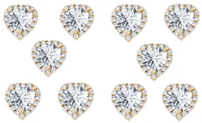 14k Yellow Gold Plated 4mm 4Ct Heart White Sapphire Set of Five Halo Stud Earrings