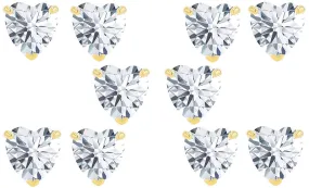 14k Yellow Gold Plated 4mm 4Ct Heart White Sapphire Set Of Five Stud Earrings