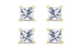 14k Yellow Gold Plated 6mm 2Ct Princess Cut White Sapphire Set Of Two Stud Earrings