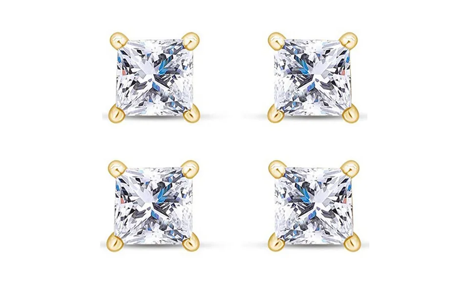 14k Yellow Gold Plated 6mm 2Ct Princess Cut White Sapphire Set Of Two Stud Earrings