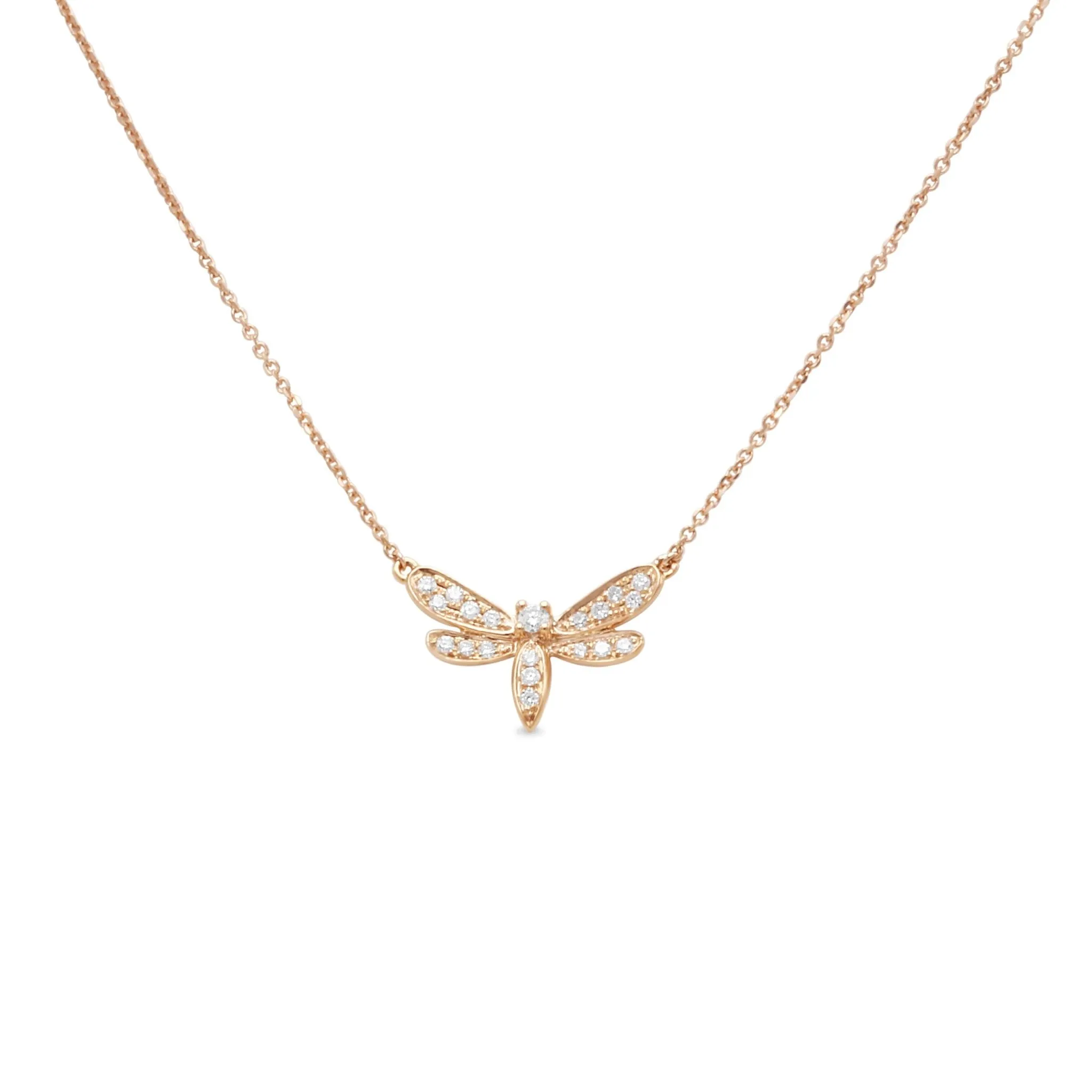 18ct Rose Gold Dragonfly Diamond Pendant Necklace 17"