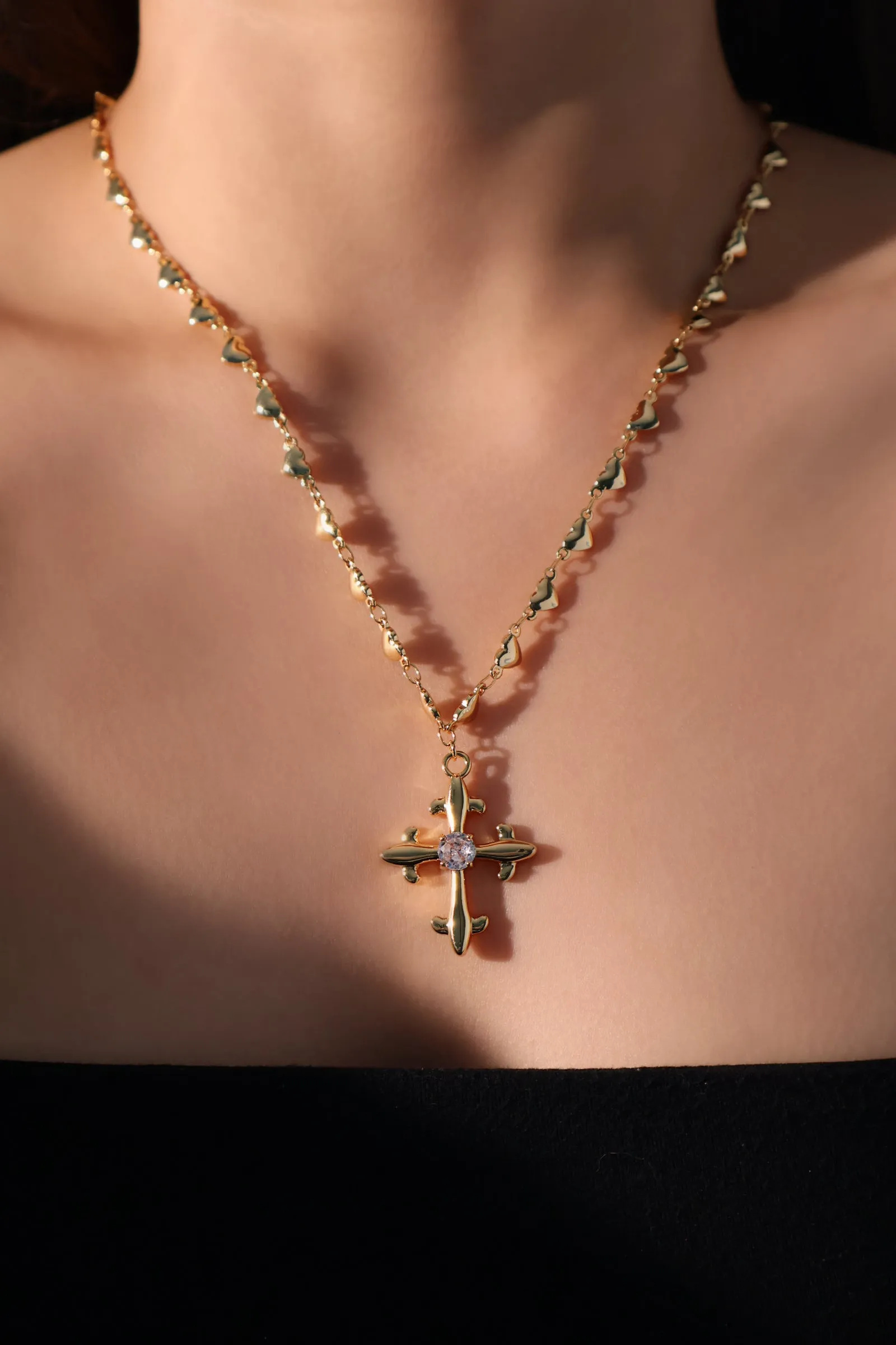 18K Real Gold Plated Diamond Cross of Heart Necklace