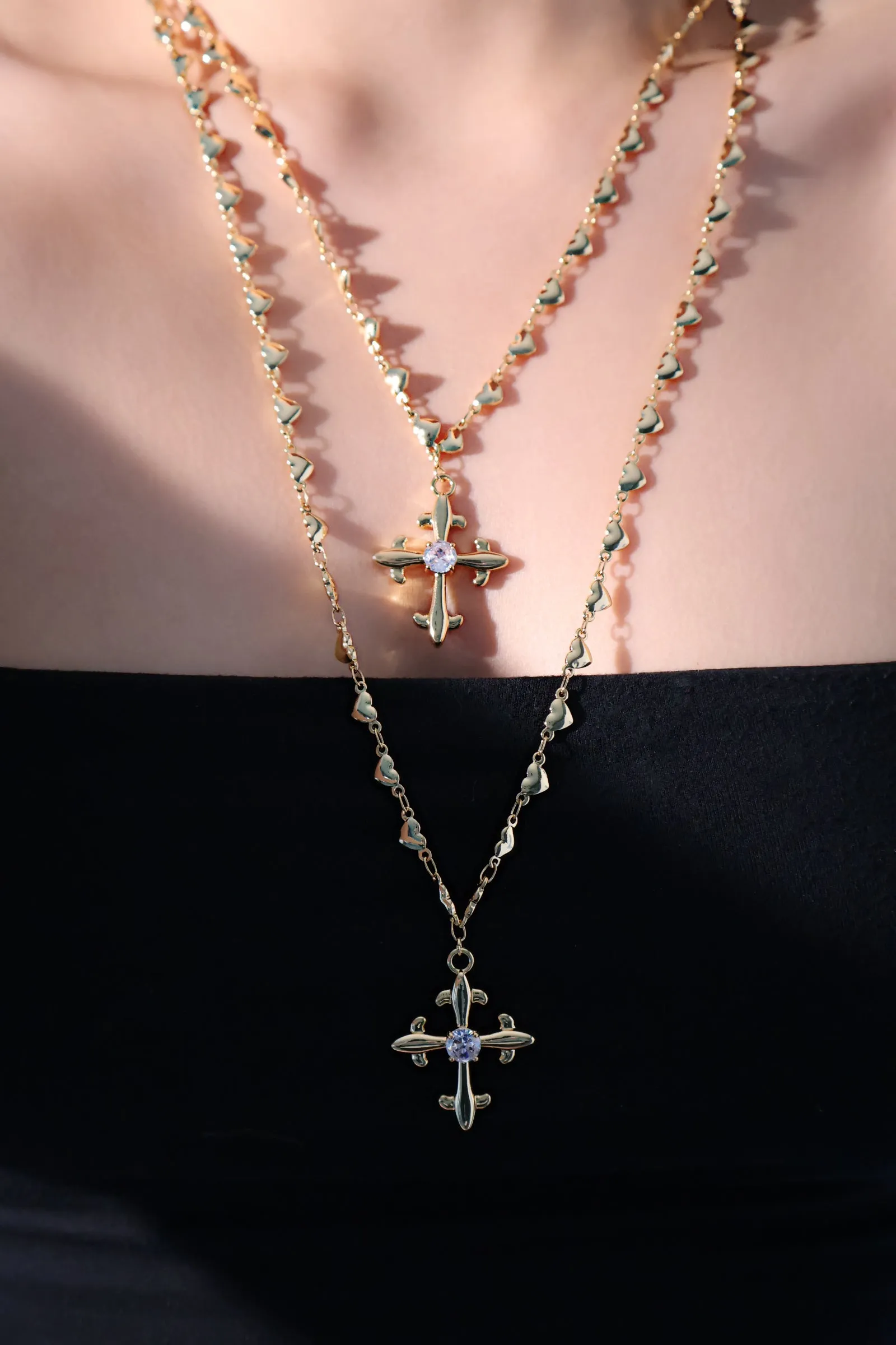 18K Real Gold Plated Diamond Cross of Heart Necklace