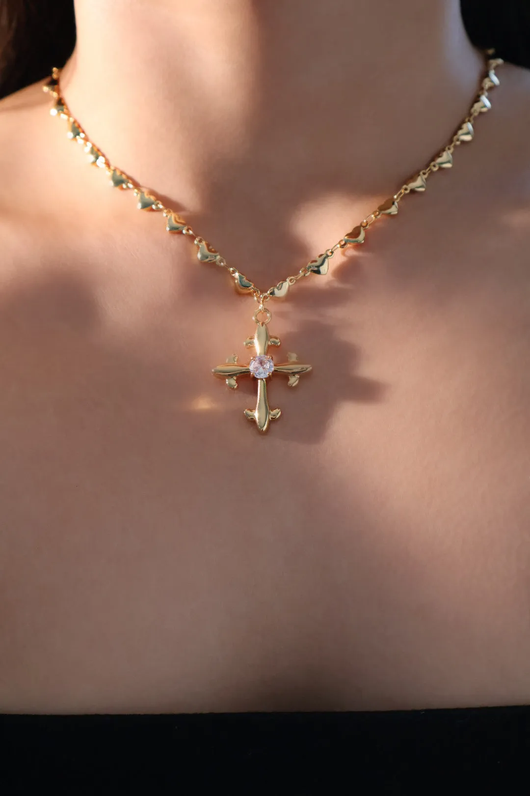 18K Real Gold Plated Diamond Cross of Heart Necklace