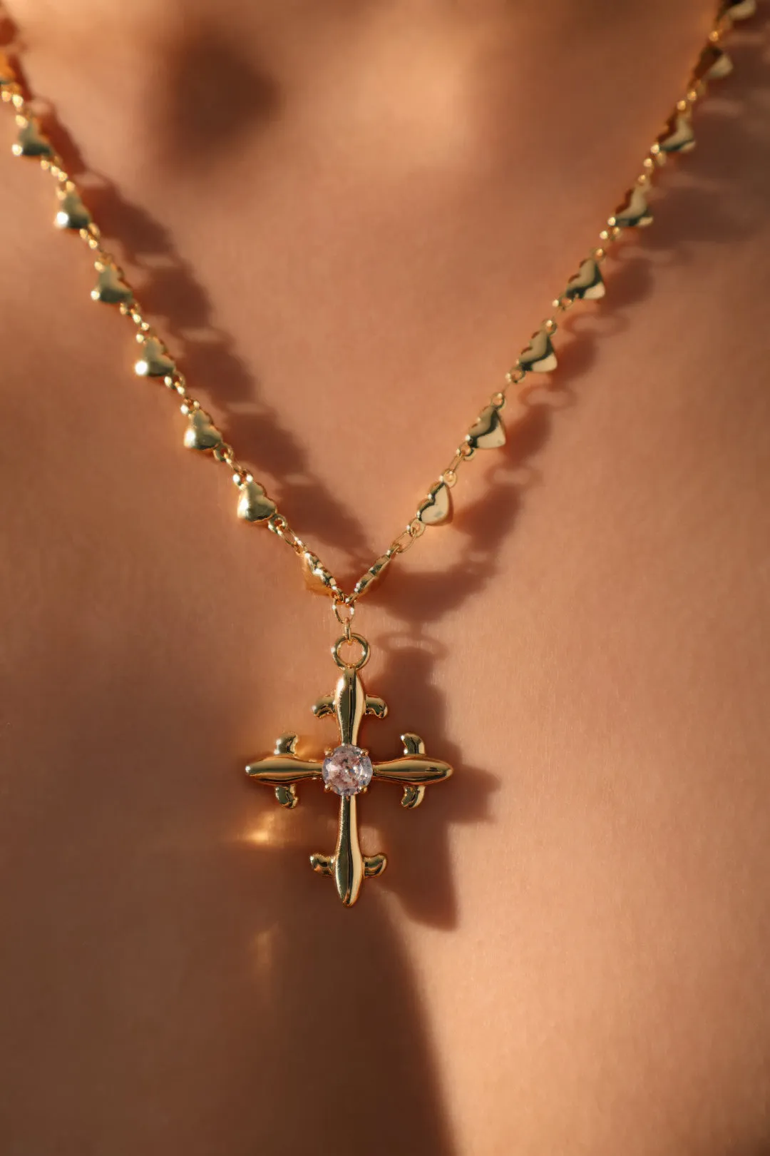 18K Real Gold Plated Diamond Cross of Heart Necklace