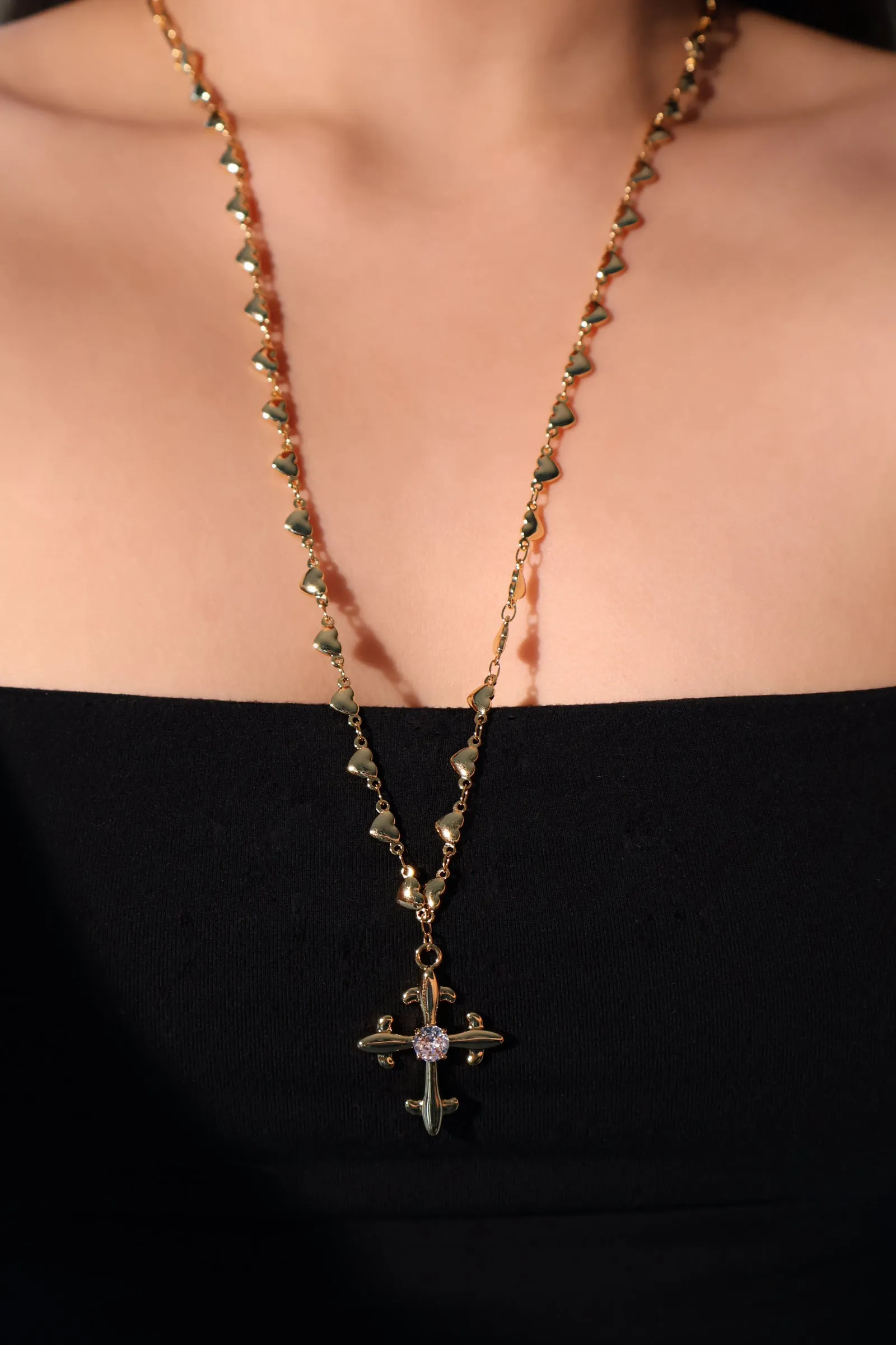 18K Real Gold Plated Diamond Cross of Heart Necklace