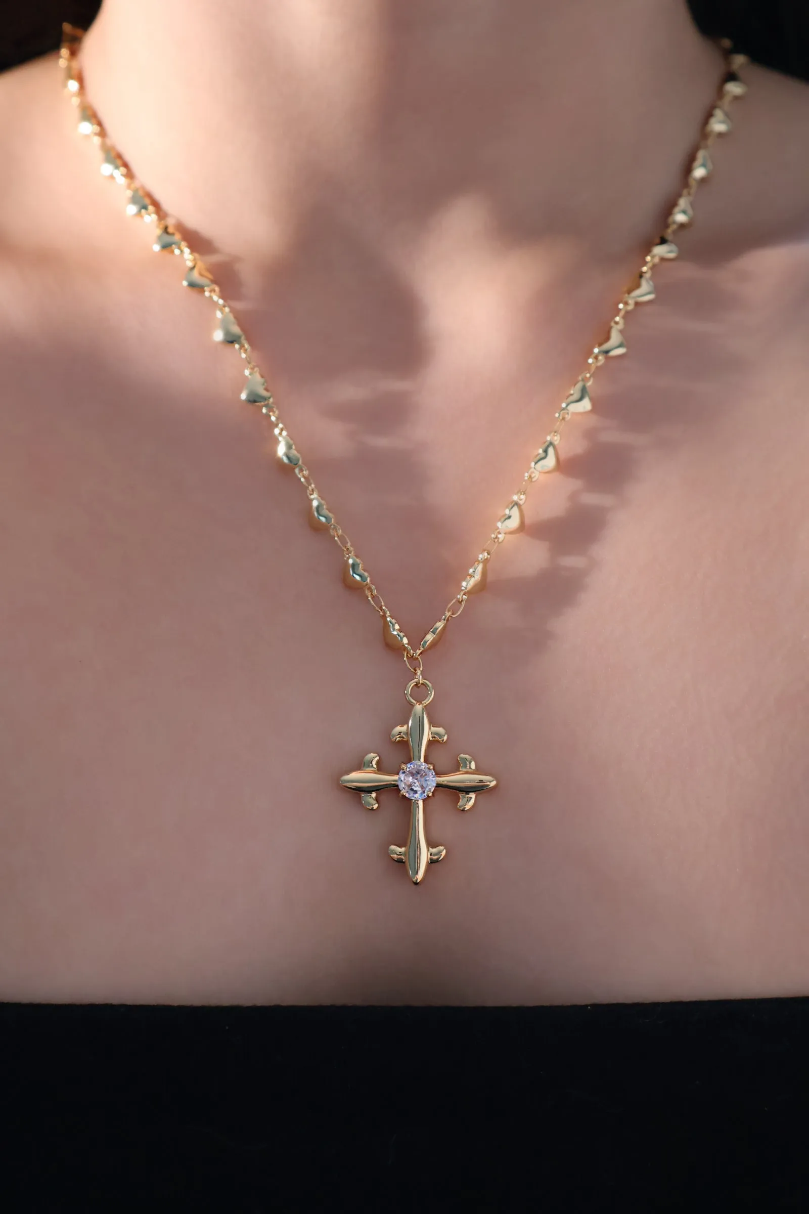 18K Real Gold Plated Diamond Cross of Heart Necklace