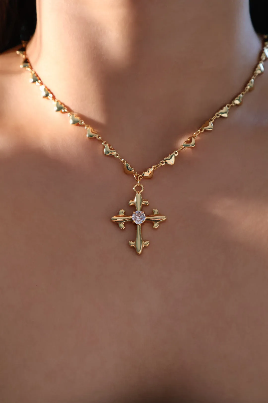 18K Real Gold Plated Diamond Cross of Heart Necklace