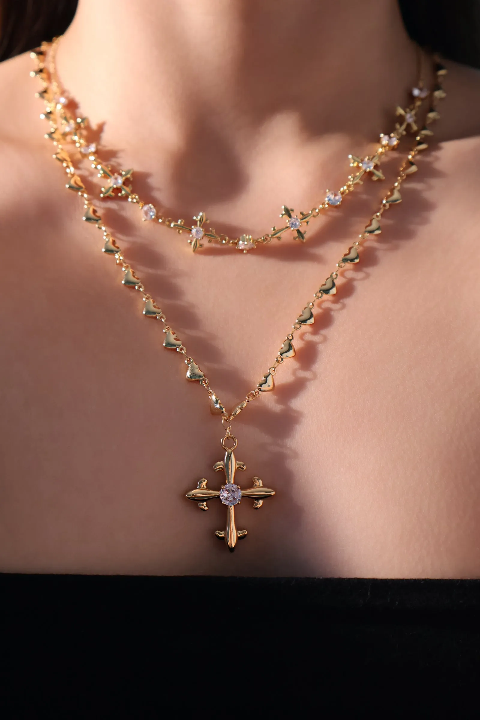 18K Real Gold Plated Diamond Cross of Heart Necklace