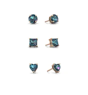 18k Rose Gold Plated 4Cttw Created Alexandrite 3 Pair Round, Square and Heart Stud Earrings