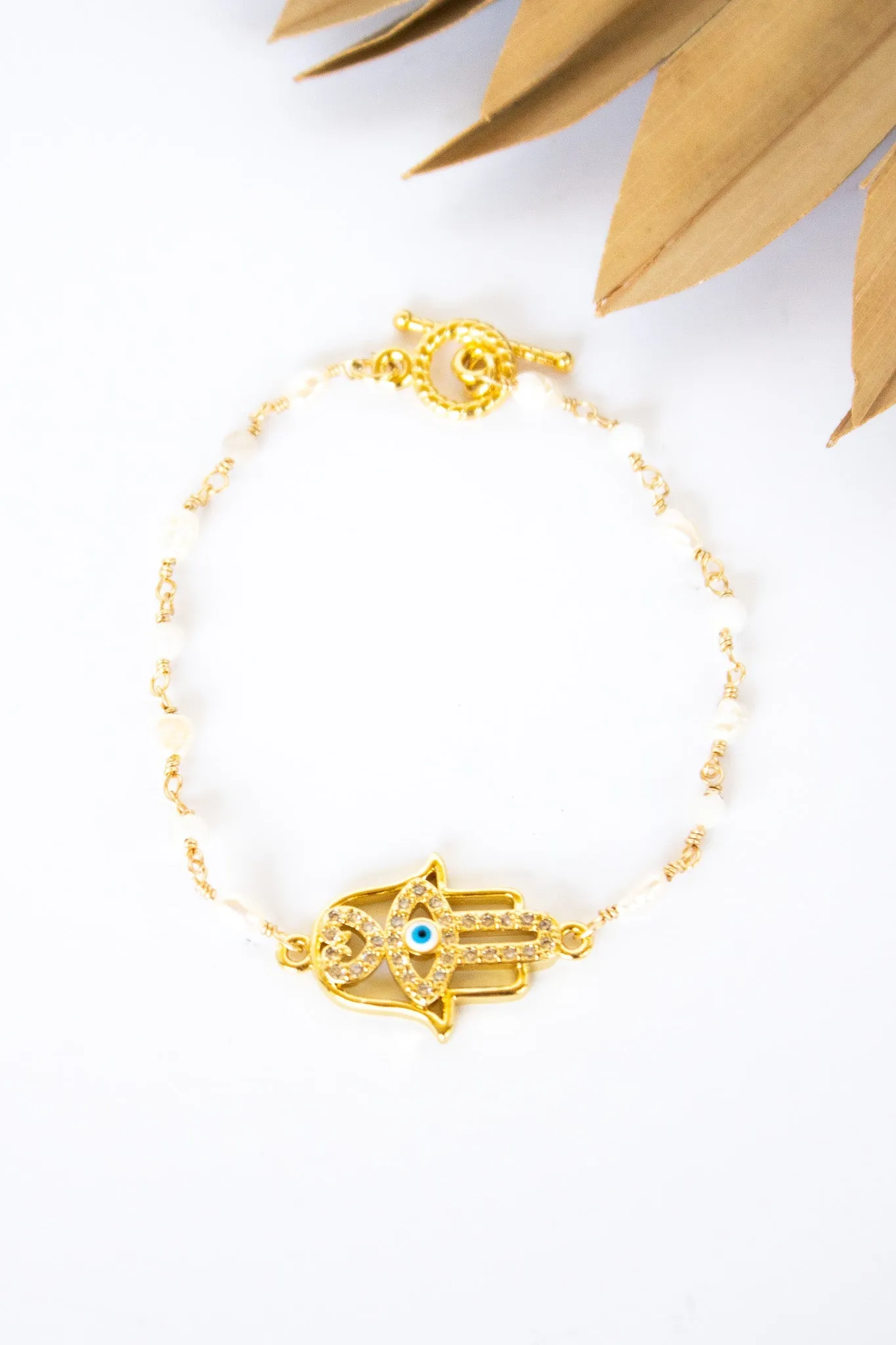 18K Toggle Golden Hamsa Selenite & Pearl Bracelet