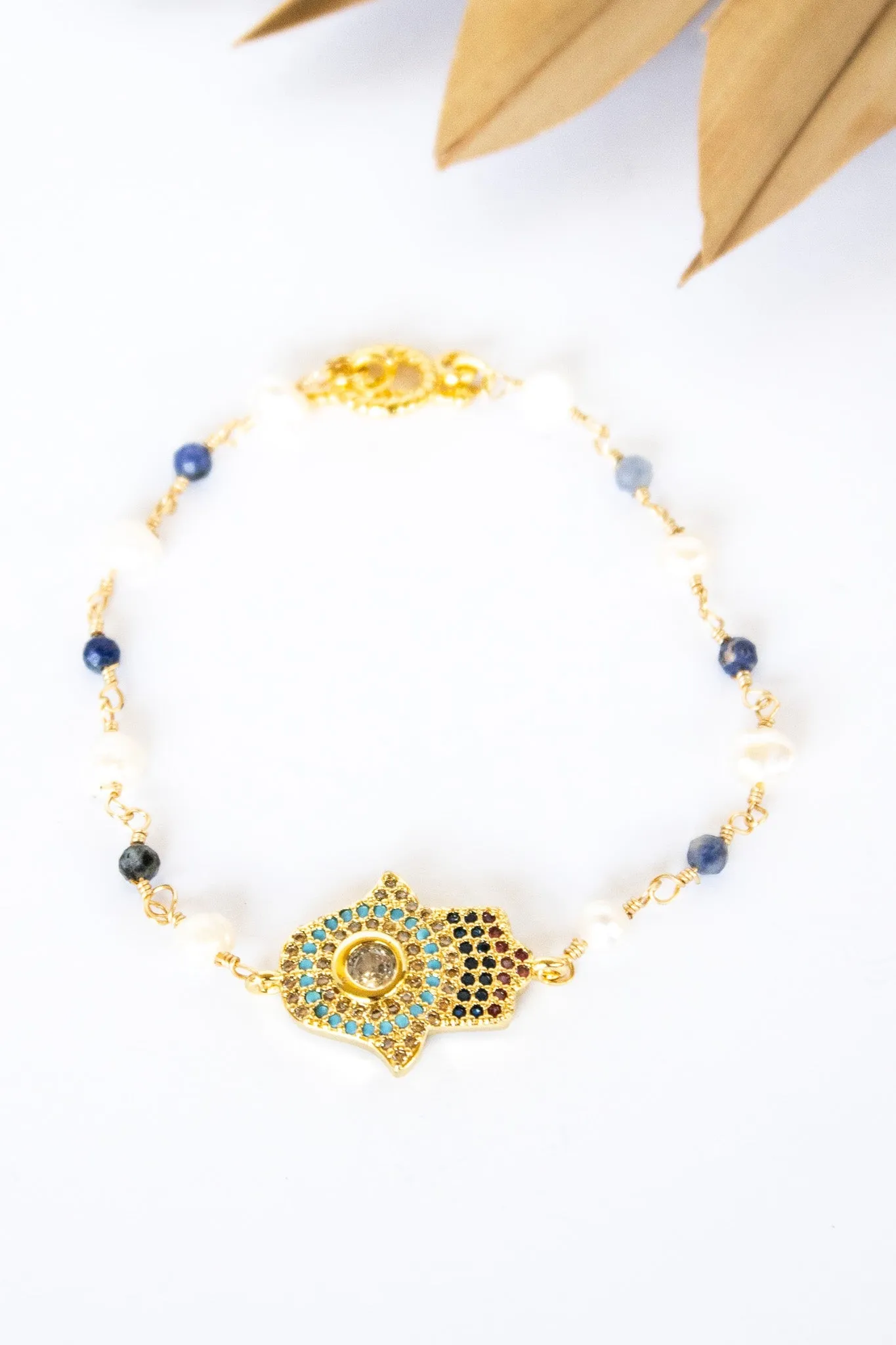 18K Toggle Lg Hamsa Lapis and Pearl Bracelet