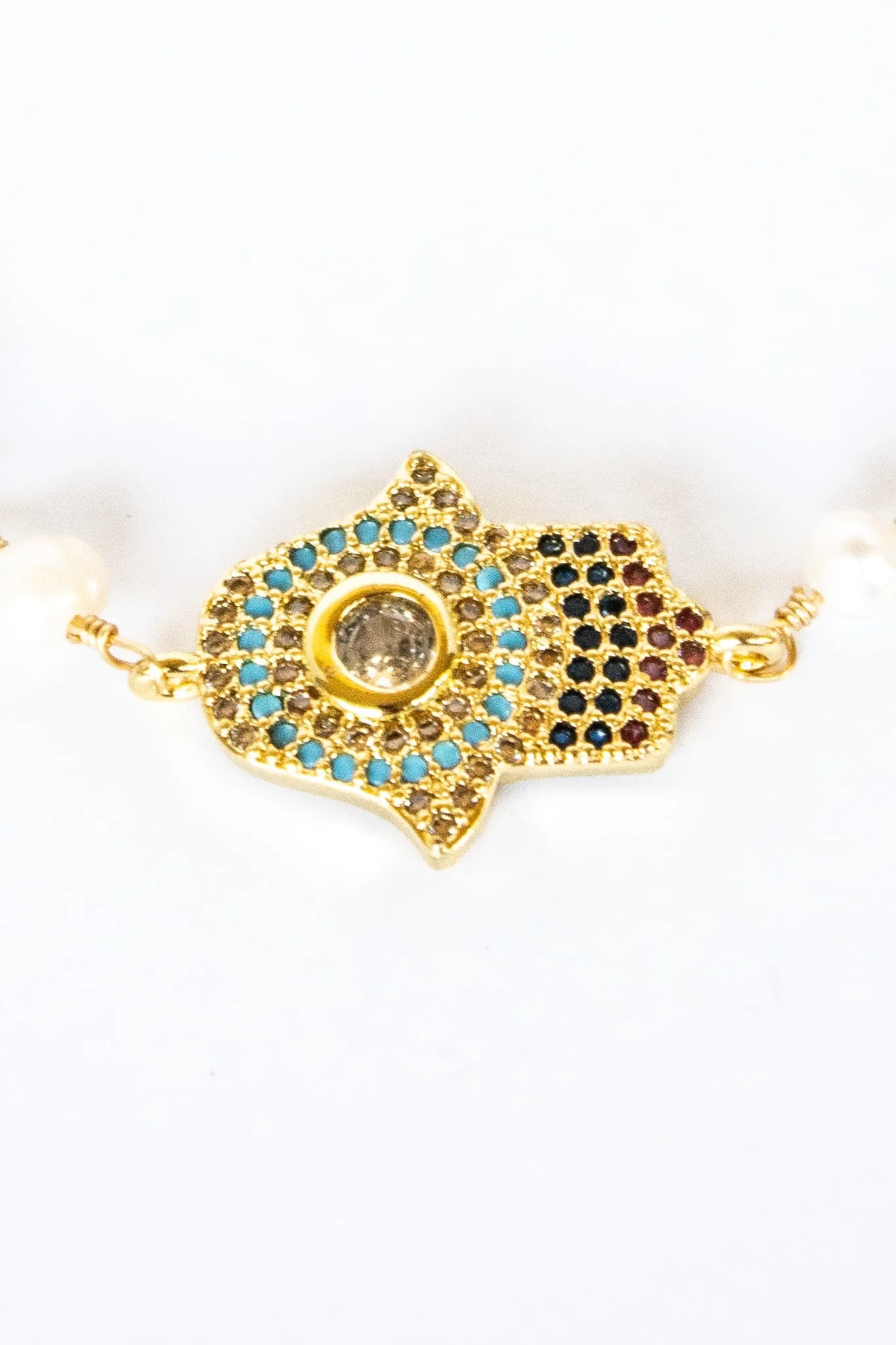 18K Toggle Lg Hamsa Lapis and Pearl Bracelet