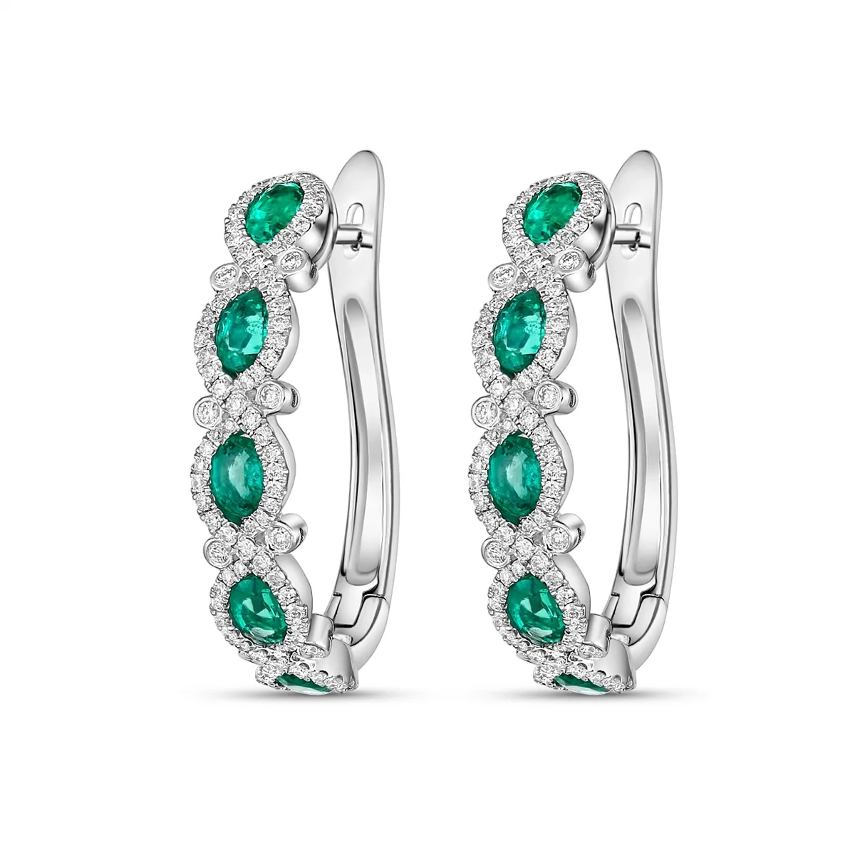 18K White Gold Emerald and Diamond Half Hoop Earrings