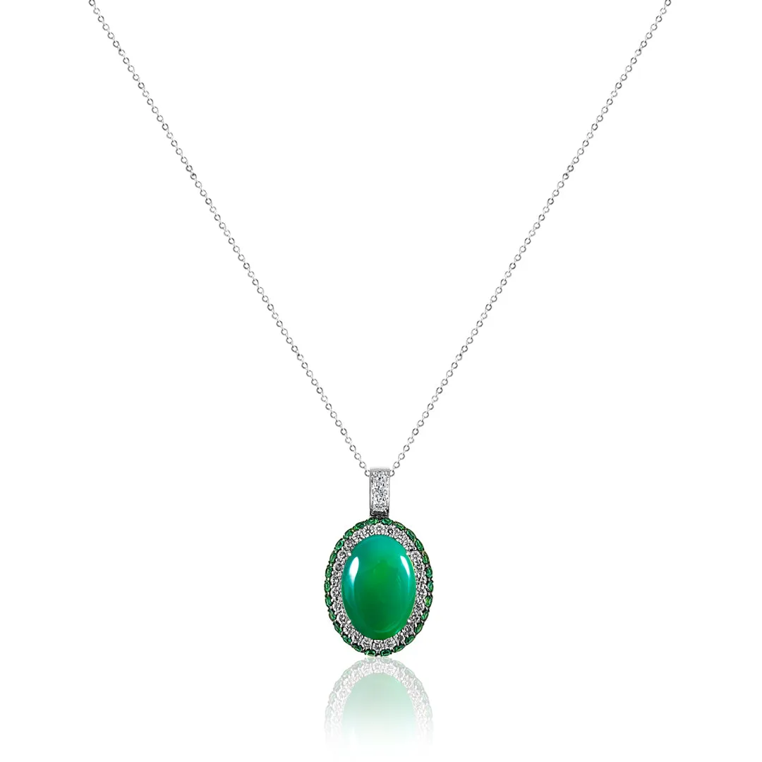 18K White gold necklace with diamonds tsavorite and center phrenite