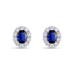 18K White Gold Oval Sapphire and Diamond Stud Earrings