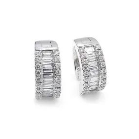 18K White Gold Round and Baguette Diamond Huggie Earrings