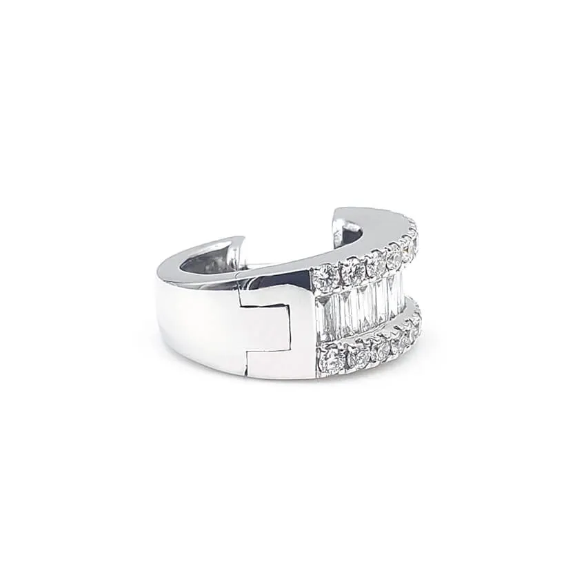 18K White Gold Round and Baguette Diamond Huggie Earrings