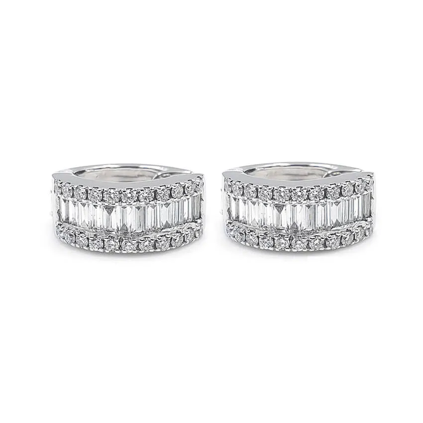 18K White Gold Round and Baguette Diamond Huggie Earrings