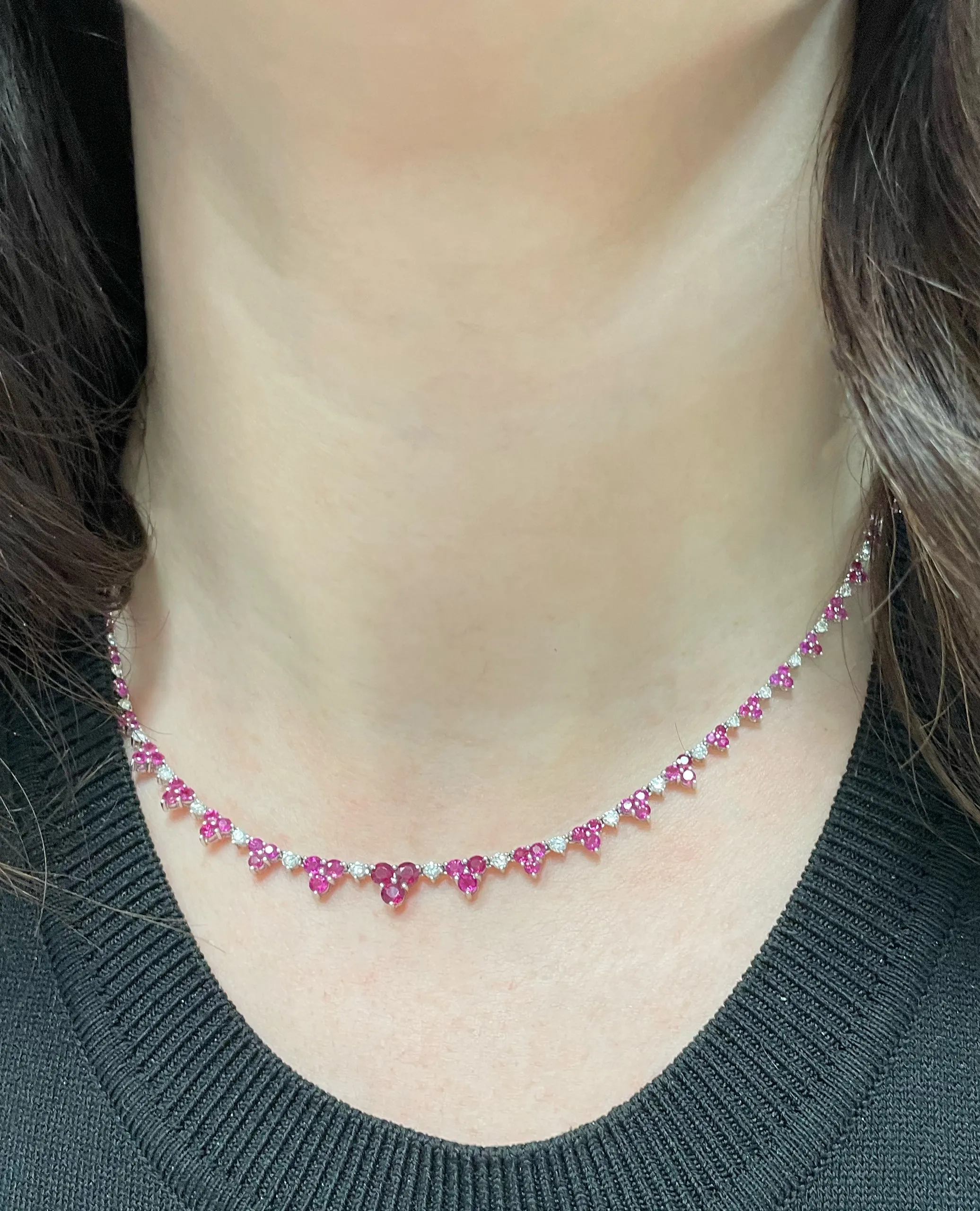 18K White Gold Ruby and Diamond Chevron Necklace