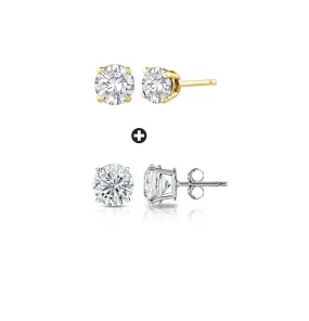 18k Yellow and White Gold Plated 3 Ct Created Round White Sapphire Stud Earrings