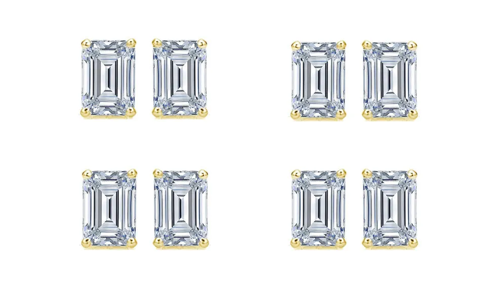 18k Yellow Gold 4mm 4Ct Emerald Cut White Sapphire Set Of Four Stud Earrings Plated