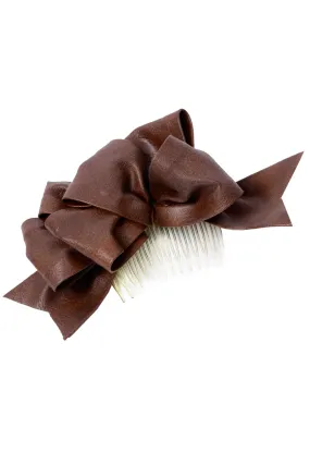 1980s Vintage Oversized Brown Faux Leather Bow Hair Comb