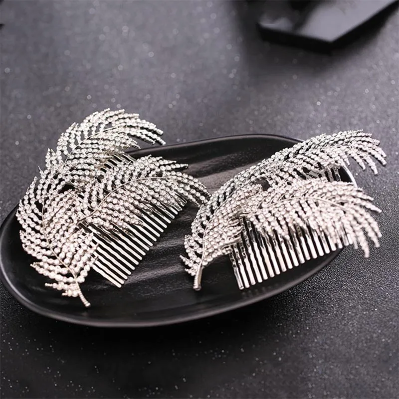 1pc Silver Color Rhinestone Leaf Hair Comb Tiara de Noiva