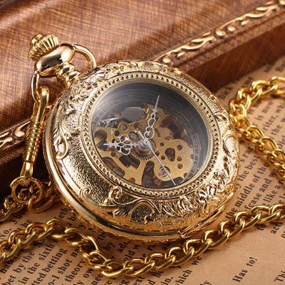 2016 Steampunk Skeleton Mechanical Bronze Pocket Watch Men Vintage Hand Wind Clock Necklace Pocket & Fob Watches With Chain