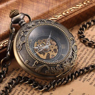 2016 Steampunk Skeleton Mechanical Bronze Pocket Watch Men Vintage Hand Wind Clock Necklace Pocket & Fob Watches With Chain