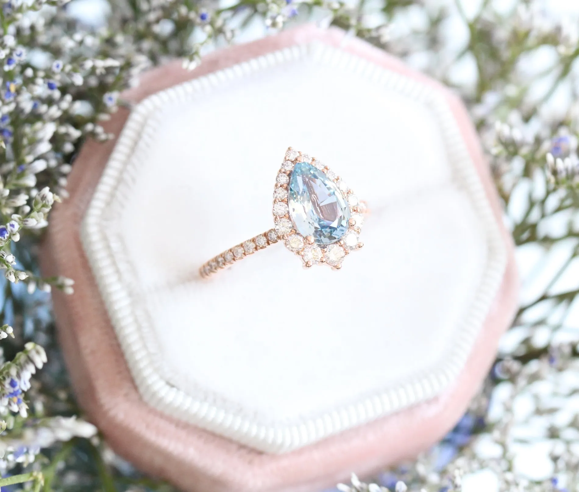 2.42 Ct Rare Aqua Blue Sapphire Ring in 14k Rose Gold Halo Diamond Pave Band, Size 6.25