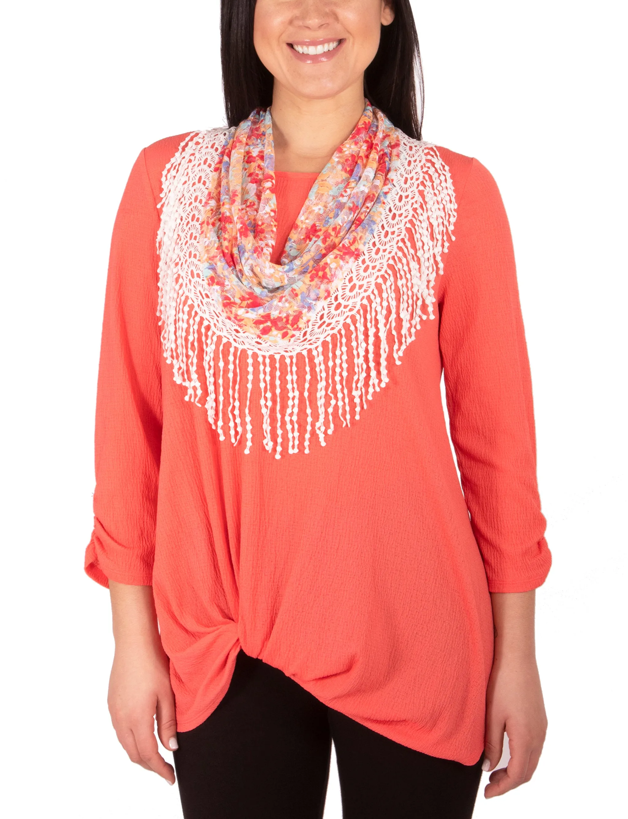 3/4 Ruched Sleeve Knot Top With Fringe Tassel Scarf