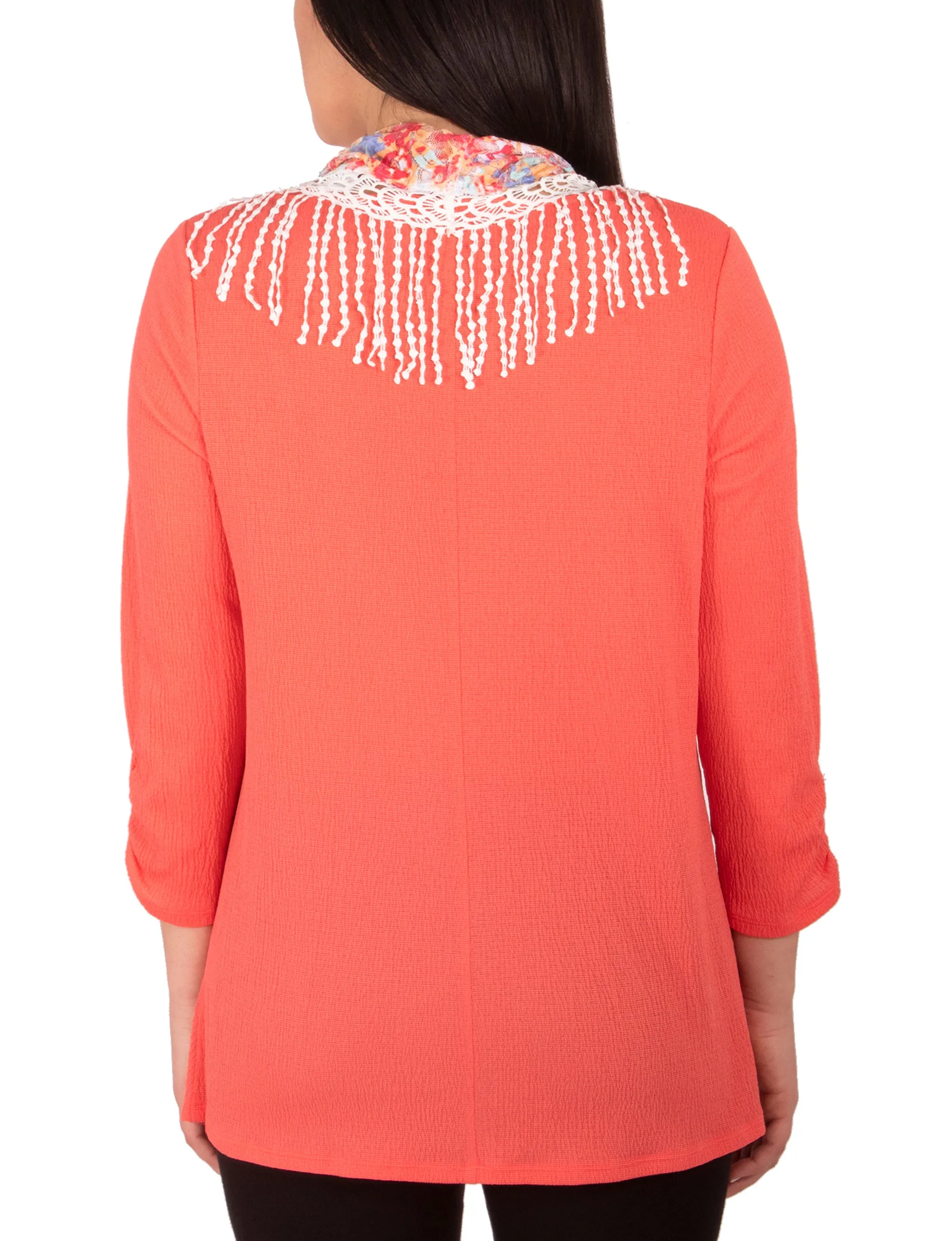 3/4 Ruched Sleeve Knot Top With Fringe Tassel Scarf