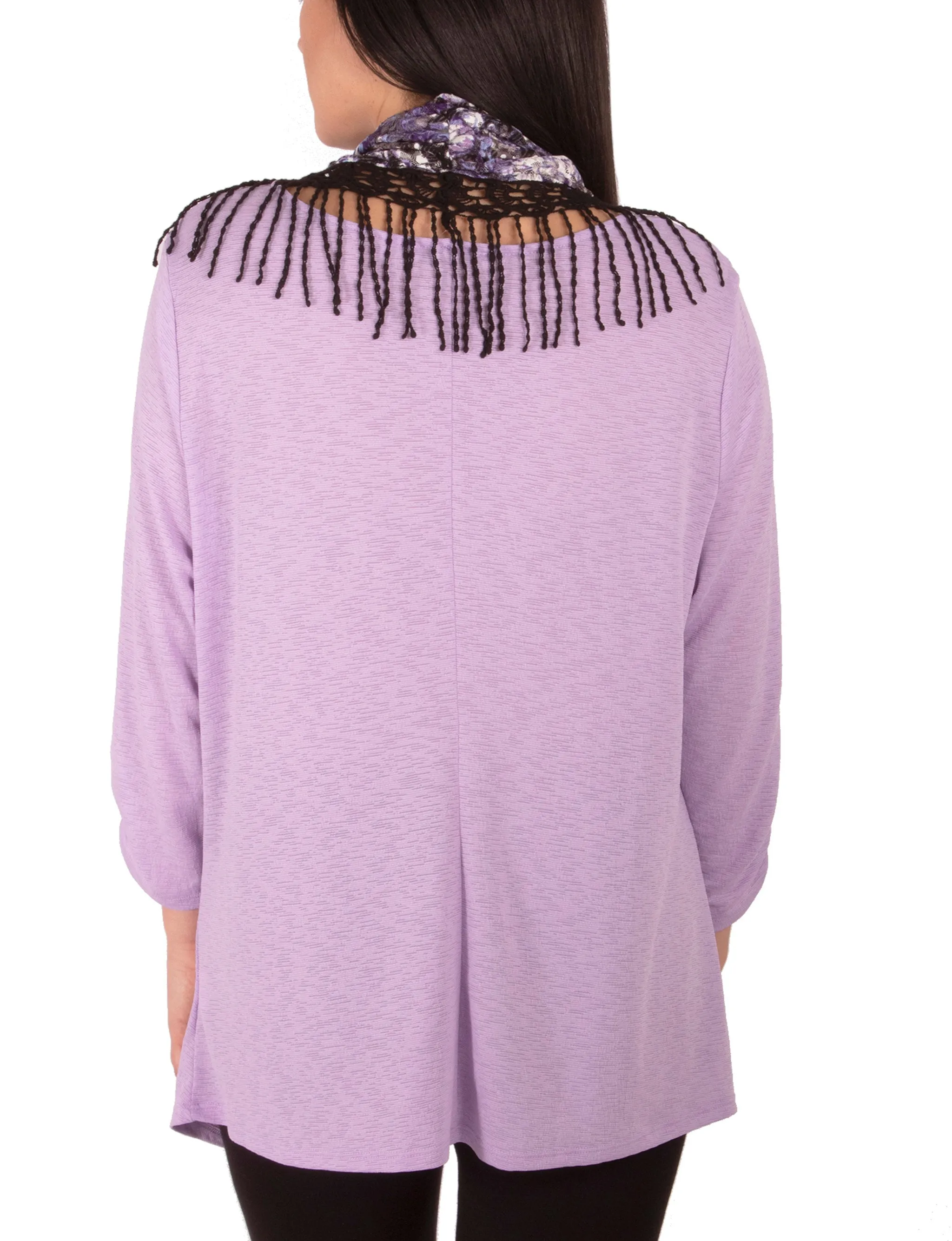 3/4 Ruched Sleeve Knot Top With Fringe Tassel Scarf