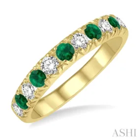 3/8 ctw Round Cut Diamond and 2.6MM Emerald Precious Wedding Band in 14K Yellow Gold