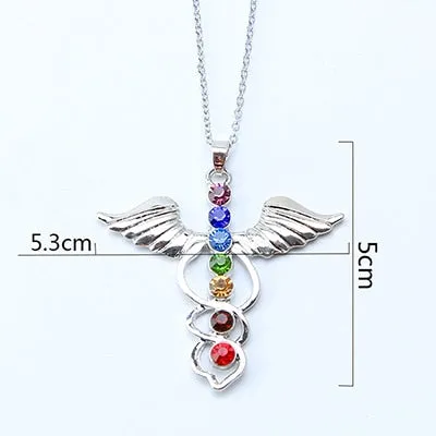 7 Chakra Stones Reiki Healing Crystal Rhinestone  Point Chakra Pendant Tree Of Life Pendant Angel Shape Jewelry Necklace