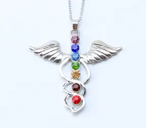 7 Chakra Stones Reiki Healing Crystal Rhinestone  Point Chakra Pendant Tree Of Life Pendant Angel Shape Jewelry Necklace