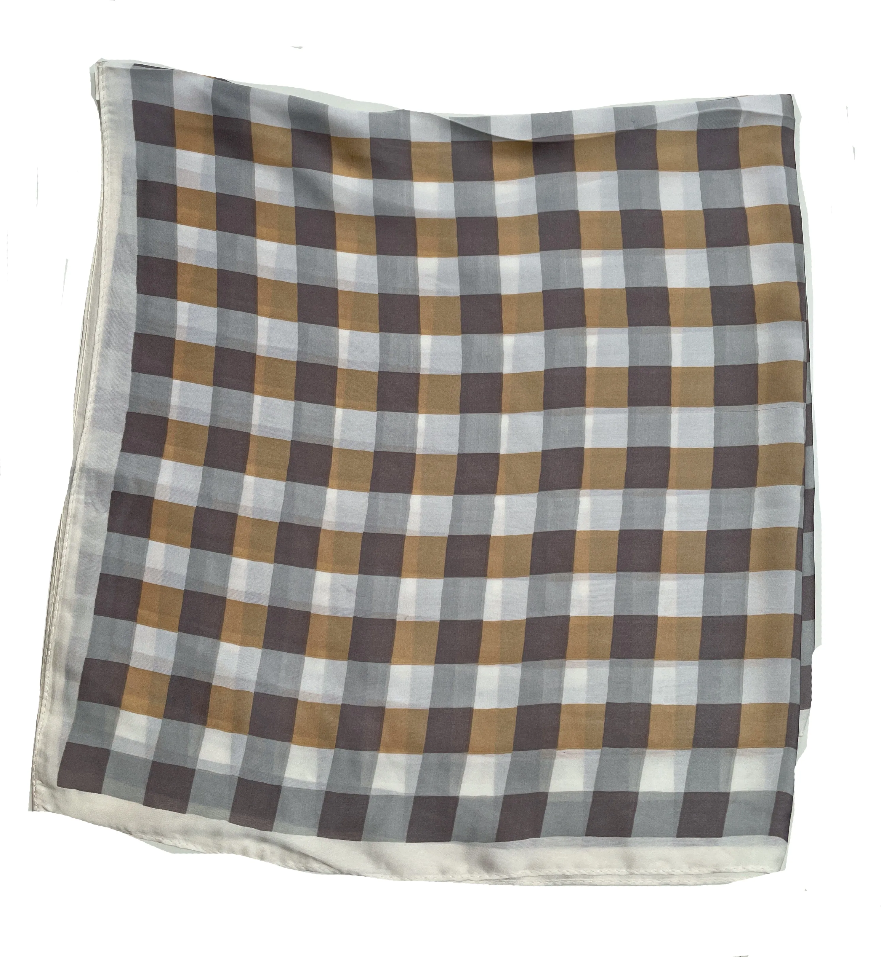 70cm x 70cm Square Scarf Beige Brown Checkered Print Pattern Scarf Thin Silky Womens Summer Spring