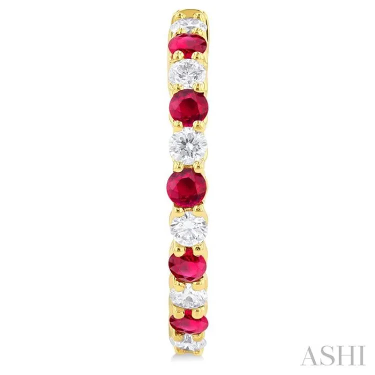 7/8 ctw Round 2.7MM Ruby and Round Cut Diamond Precious Hoop Earring in 14K Yellow Gold