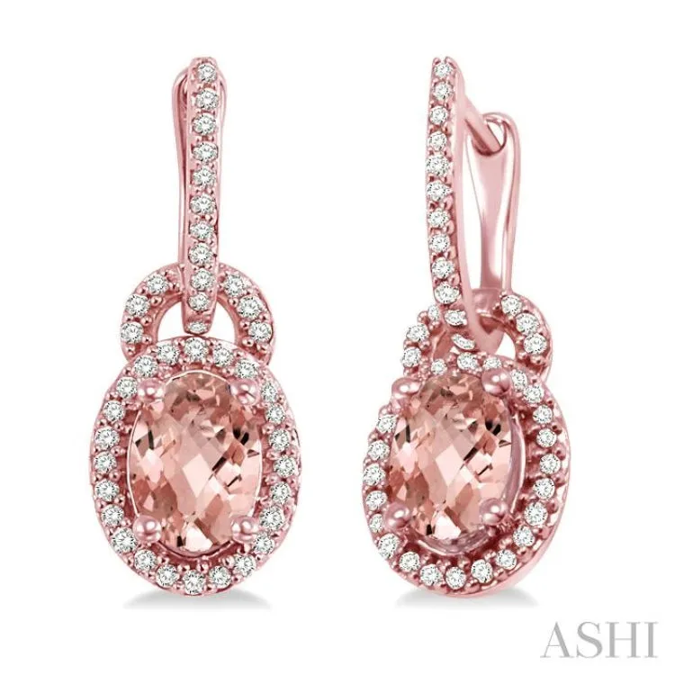 7x5mm Oval Cut Morganite and 1/3 Ctw Round Cut Diamond Earrings in 14K Rose Gold