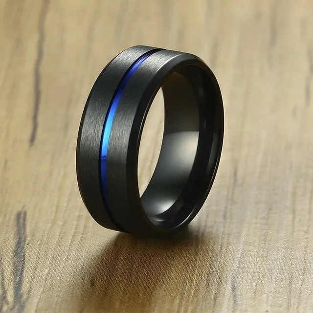 8mm Black Ring for Men Women Groove Stainless Steel Wedding Bands Trendy Fraternal Rings Casual Jewellery