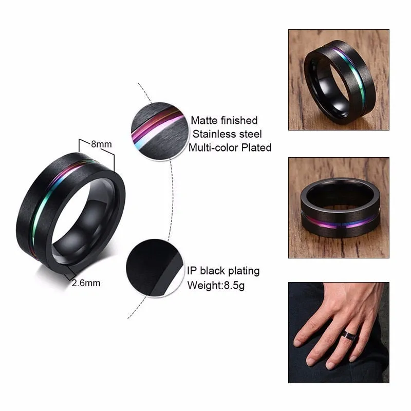 8mm Black Ring for Men Women Groove Stainless Steel Wedding Bands Trendy Fraternal Rings Casual Jewellery