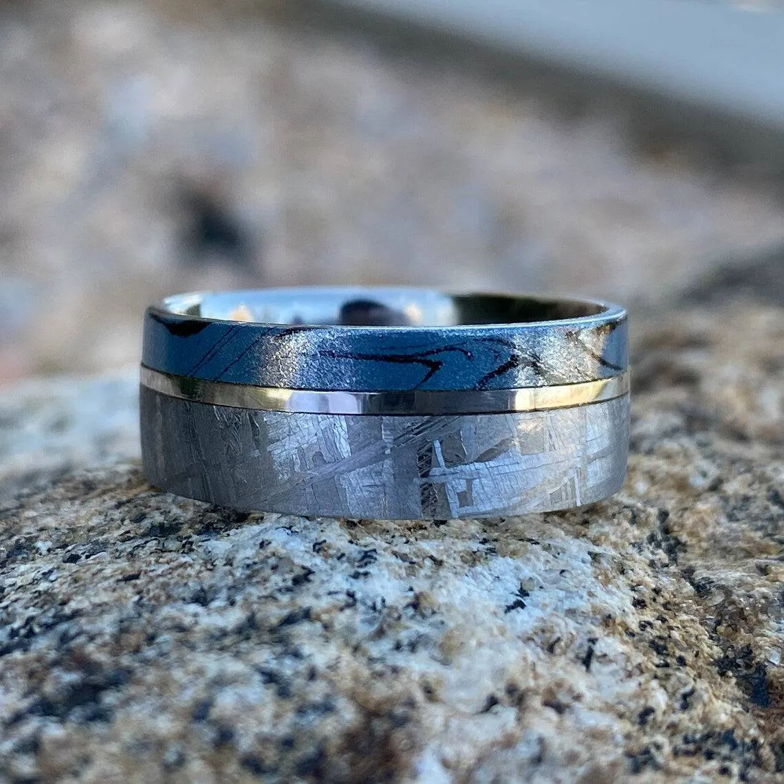 8mm Gibeon Meteorite Wedding Ring w/ Cobaltium Mokume and 14k White Gold - Authentic Genuine Meteorite Bands